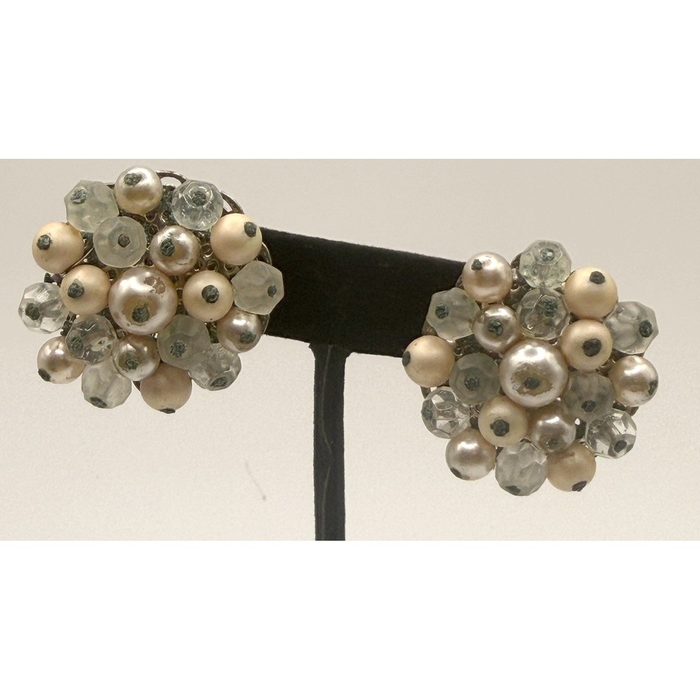 Vintage MCM Japan Glass Cluster Clip On Earrings Pearl Clear 1.25"